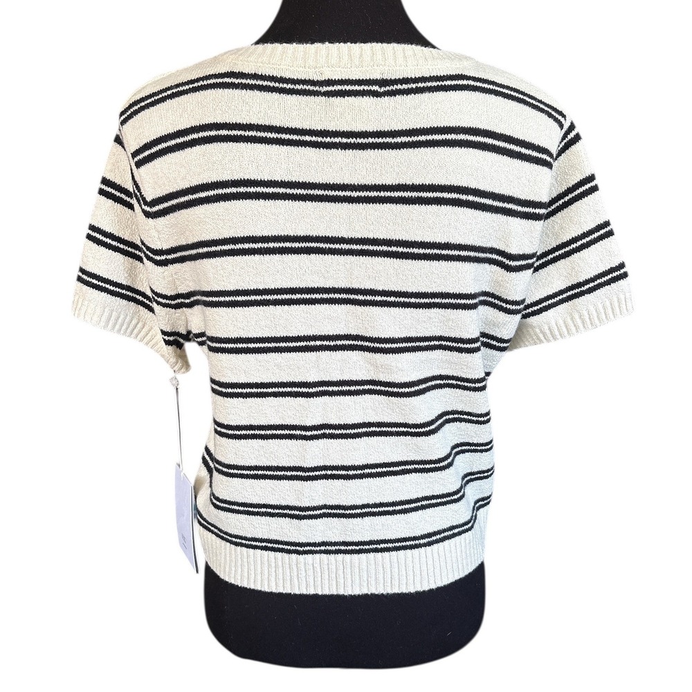 Song of Style Aimee Song Ivory & Black Striped Short Sleeve Button Up Sweater,XL - Picture 3 of 8